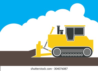industrial backhoe, bulldozer moving earth and sand in quarry, illustration, vector