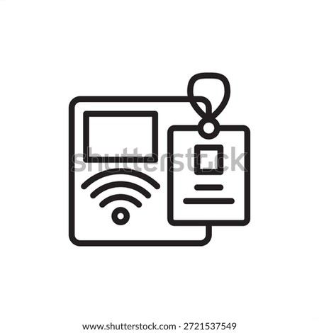 Industrial badge reader icon featuring an RFID wireless signal sensor and a proximity ID card, symbolizing secure personnel authentication, automated facility access control, and digital attendance.