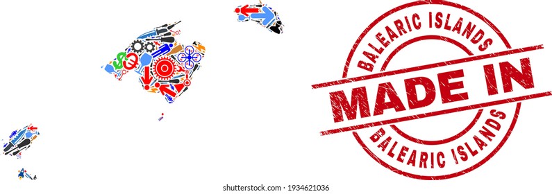 Industrial Balearic Islands map mosaic and MADE IN scratched rubber stamp. Balearic Islands map collage created from spanners, gear wheels, tools, elements, cars, power strikes, details.