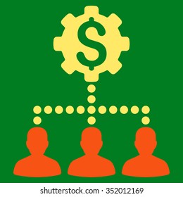 Industrial Bank Clients vector icon. Style is bicolor flat symbol, orange and yellow colors, rounded angles, green background.