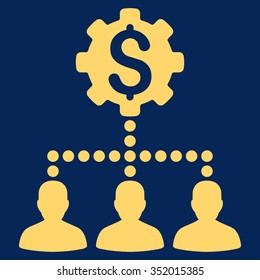 Industrial Bank Clients vector icon. Style is flat symbol, yellow color, rounded angles, blue background.