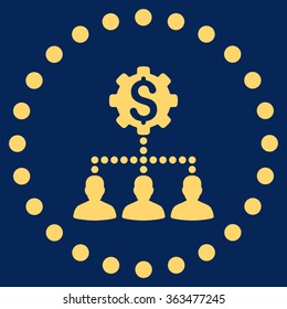 Industrial Bank Clients vector icon. Style is flat circled symbol, yellow color, rounded angles, blue background.