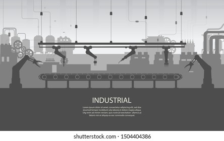 Industrial banner with silhouette factory interior with machine and conveyor belt flat design vector illustration