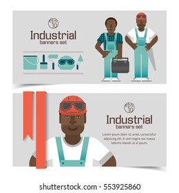 Industrial banners with african workmen and tools red ribbon on light background isolated vector illustration