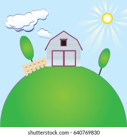 Industrial barn on the hill, clouds and sun in the sky - applique.