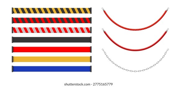 Industrial barrier elements. Chains, ropes and safety straps. Crowd control equipment for public organization and access direction. Vector structured movement, security management and restricted areas