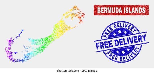 Industrial Bermuda Islands map and blue Free Delivery grunge watermark. Colorful gradient vector Bermuda Islands map mosaic of industrial units. Blue round Free Delivery badge.