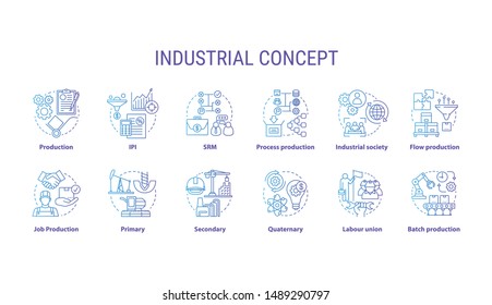 Industrial blue concept icons set. Economy segment idea thin line illustrations. Primary, secondary industry. Batch production, labour union. Vector isolated outline drawings. Editable stroke