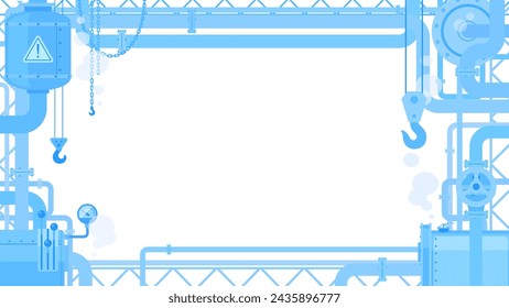 Industrial blue frame and template with gas pipes and cranes in flat style isolated on white background. 16:9 video proportion horizontal frame. Vector Illustration