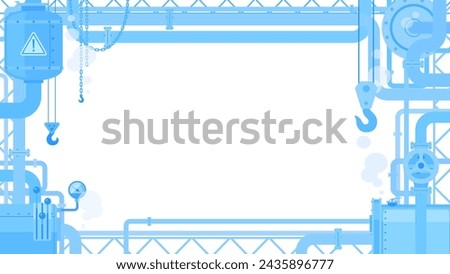 Industrial blue frame and template with gas pipes and cranes in flat style isolated on white background. 16:9 video proportion horizontal frame. Vector Illustration