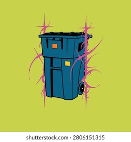 Industrial blue garbage bin with pink tribal graphics. Streetwear style municipal waste container illustration with sharp cyber sigilism accents
