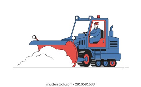 Industrial blue snow plow machine with tracks clears snow on ground in winter seasonal illustration.
