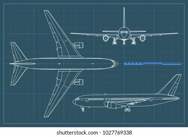 Industrial blueprint airplane  Vector outline drawing plane blue background  Top  side   front view 