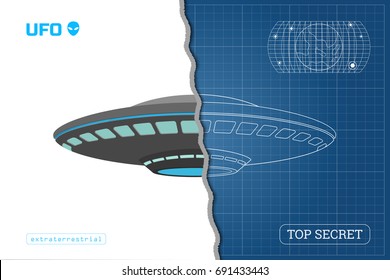 Industrial blueprint of UFO. Technical document with the drawing of alien spaceship. Vector illustration