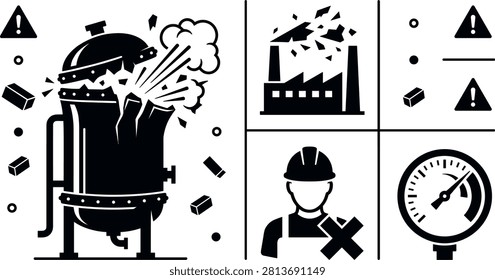 Industrial Boiler Explosion and Overpressure Failure Infographic Vector Icon Set Featuring Exploding Pressure Vessel Factory Damage Casualties and Dangerous Gauge Levels.eps