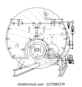 Industrial boiler outline. Vector rendering of 3d. Wire-frame style. The layers of visible and invisible lines are separated