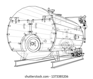 Industrial boiler outline. Vector rendering of 3d. Wire-frame style. The layers of visible and invisible lines are separated