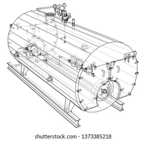 Industrial boiler outline. Vector rendering of 3d. Wire-frame style. The layers of visible and invisible lines are separated