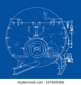 Industrial boiler outline. Vector rendering of 3d. Wire-frame style. The layers of visible and invisible lines are separated