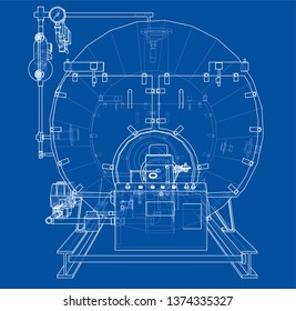 Industrial boiler outline. Vector rendering of 3d. Wire-frame style. The layers of visible and invisible lines are separated