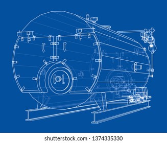 Industrial boiler outline. Vector rendering of 3d. Wire-frame style. The layers of visible and invisible lines are separated