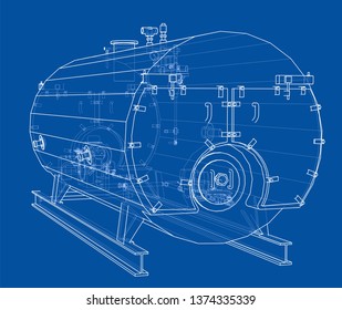 Industrial boiler outline. Vector rendering of 3d. Wire-frame style. The layers of visible and invisible lines are separated