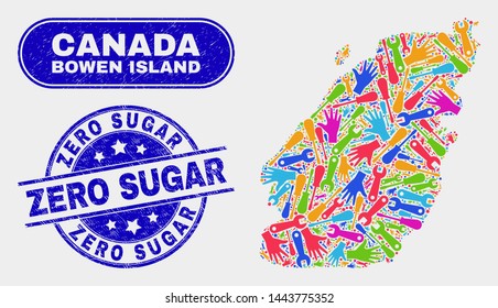 Industrial Bowen Island map and blue Zero Sugar scratched stamp. Colored vector Bowen Island map mosaic of mechanic items. Blue rounded Zero Sugar stamp.