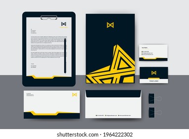 Industrial Brand Identity Mockup set with digital elements. Classic full stationery template design. Editable vector illustration. Letterhead, business card, envelop, Paper Clipboard Hardboard.