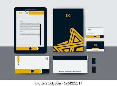 Industrial Brand Identity Mockup set with digital elements. Classic full stationery template design. Editable vector illustration. Letterhead, business card, envelop, Paper Clipboard Hardboard.