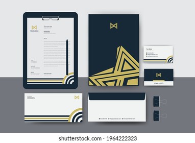 Industrial Brand Identity Mockup set with digital elements. Classic full stationery template design. Editable vector illustration. Letterhead, business card, envelop, Paper Clipboard Hardboard.