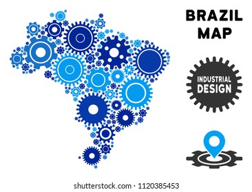Industrial Brazil map composition of gears. Abstract territory scheme in blue color tones. Vector Brazil map is constructed of gears. Concept of tuning company.