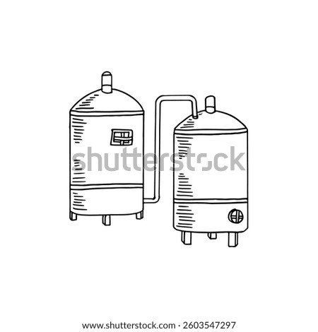 Industrial brewing or distillation system hand-drawn vector illustration.