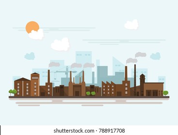 Industrial Brick Factory In A Flat Style.Vector And Illustration Of Manufacturing Building. Eco Style Concept.City Landscape