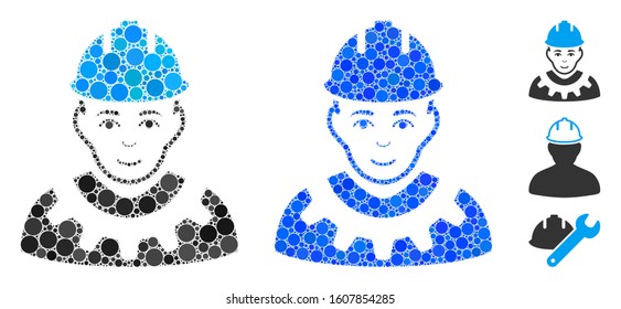 Industrial builder mosaic of round dots in different sizes and color tinges, based on industrial builder icon. Vector round elements are composed into blue mosaic.