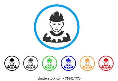 Industrial Builder rounded icon. Style is a flat industrial builder gray symbol inside light blue circle with black, gray, green, blue, red, orange variants.