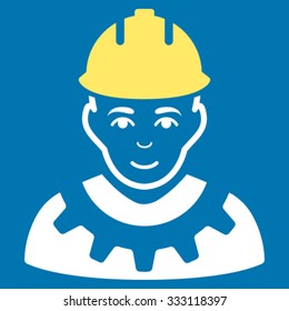 Industrial Builder vector icon. Style is bicolor flat symbol, yellow and white colors, rounded angles, blue background.