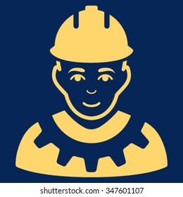 Industrial Builder vector icon. Style is flat symbol, yellow color, rounded angles, blue background.