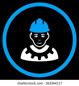 Industrial Builder vector icon. Style is bicolor flat circled symbol, blue and white colors, rounded angles, black background.