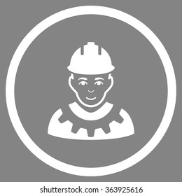 Industrial Builder vector icon. Style is flat circled symbol, white color, rounded angles, gray background.