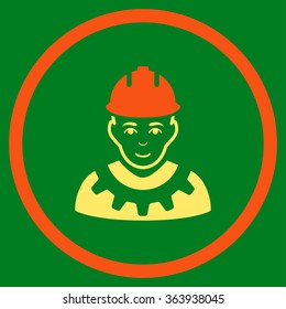Industrial Builder vector icon. Style is bicolor flat circled symbol, orange and yellow colors, rounded angles, green background.
