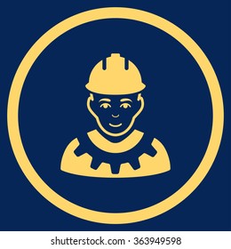 Industrial Builder vector icon. Style is flat circled symbol, yellow color, rounded angles, blue background.