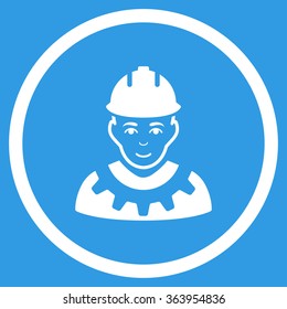 Industrial Builder vector icon. Style is flat circled symbol, white color, rounded angles, blue background.