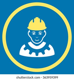 Industrial Builder vector icon. Style is bicolor flat circled symbol, yellow and white colors, rounded angles, blue background.