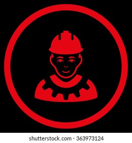 Industrial Builder vector icon. Style is flat circled symbol, red color, rounded angles, black background.