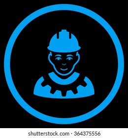Industrial Builder vector icon. Style is flat circled symbol, blue color, rounded angles, black background.