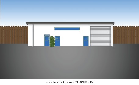 Industrial Building. Can Be Auto Repair Shop Or Other Mechanical Repair. White Building With Blue Trim, Large Garage Door, Wooden Fence Exterior. 