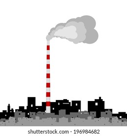 Industrial building with a chimney from which smoke is. Illustration on white background.