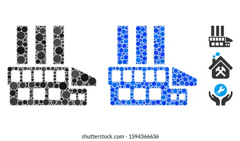 Industrial building composition of small circles in different sizes and color hues, based on industrial building icon. Vector small circles are grouped into blue composition.