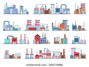 Industrial Building Concept Eco Style Factory City Landscape. Set of factory style or industrial building flat design style icons. Structures with pipes and chimney. Architectural theme. Vector.