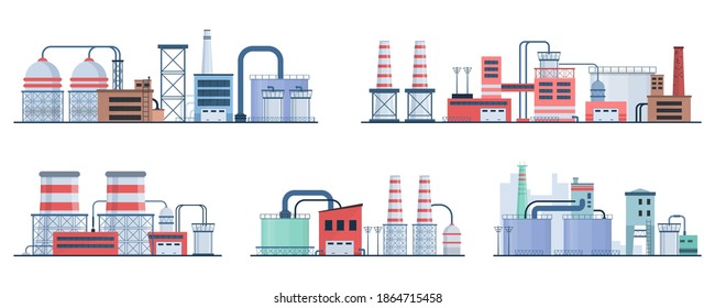 Industrial Building Concept Eco Style Factory City Landscape. Set of factory style or industrial building flat design style icons. Structures with pipes and chimney. Architectural theme. Vector.